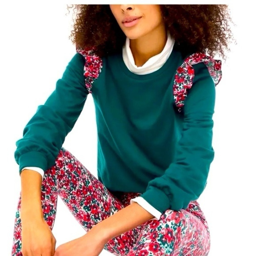 J Crew emerald Women's Floral Ruffle Sleeve Sweatshirt Size XL